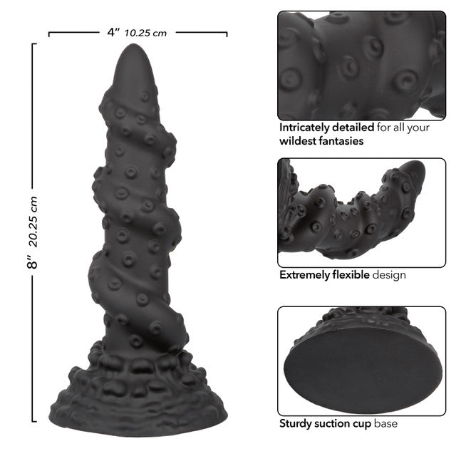 Collage of images showcase aspects of the Monster Dong Kraken. Text includes: Intricately detailed for all your wildest fantasies. Extremely flexible design. Sturdy suction cup base. 8" tall. | Kinkly Shop
