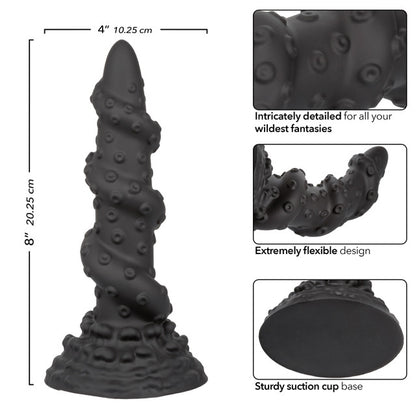 Collage of images showcase aspects of the Monster Dong Kraken. Text includes: Intricately detailed for all your wildest fantasies. Extremely flexible design. Sturdy suction cup base. 8" tall. | Kinkly Shop