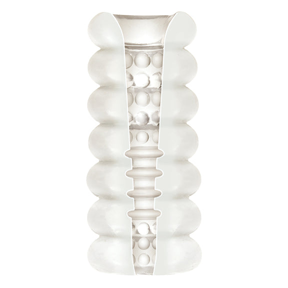 Cross-section of the interior of the Mood Thrill, showcasing the texture inside of the stroker. There are nodules and ribs. | Kinkly Shop
