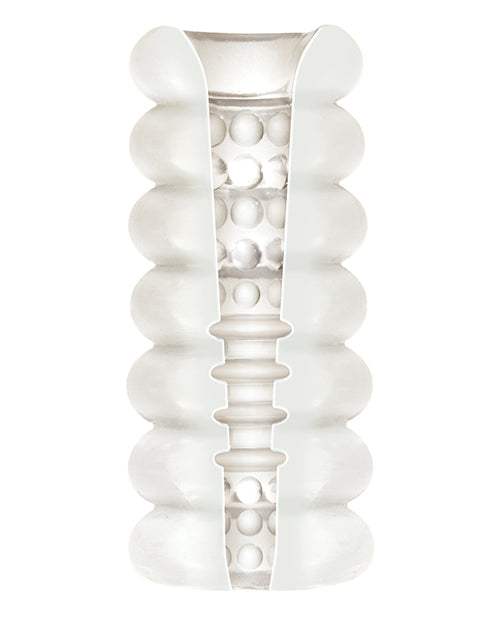 Cross-section of the interior of the Mood Thrill, showcasing the texture inside of the stroker. There are nodules and ribs. | Kinkly Shop