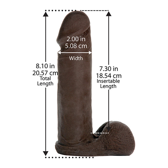 The Vac-U-Lock 8" Ultraskyn with measurements superimposed over top of the dildo. | Kinkly Shop