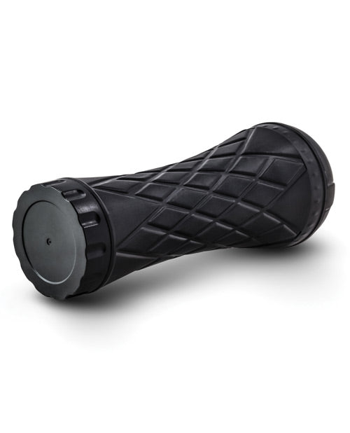 The Blush Torch laying down with a close up on the end cap of the stroker. | Kinkly Shop