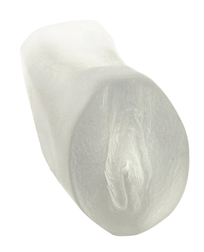 The Doc Johnson Pussy Stroker In A Bag shown away from the bag. It has a realistic vulva sculpted into the orifice. | Kinkly Shop