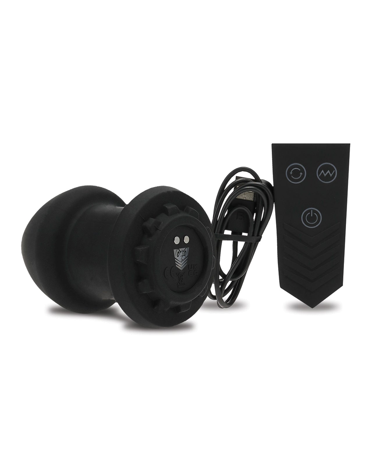 Everything included with the Fort Troff Robo Rimmer X. There's the plug itself, the charging cable, and the wireless remote control. | Kinkly Shop