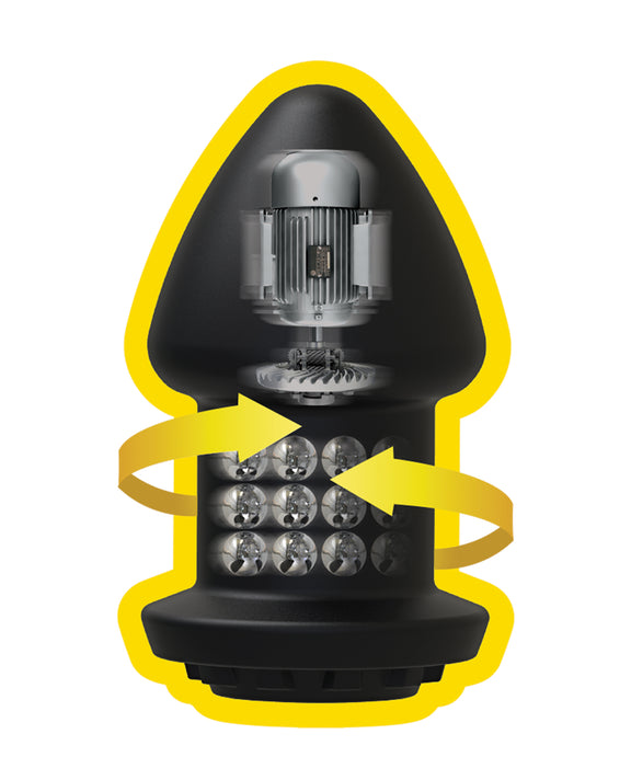 An X-Ray vision of the Fort Troff Robo Rimmer X, showcasing the rotating beads along the retention area and the vibrating motor built into the tip of the plug | Kinkly Shop