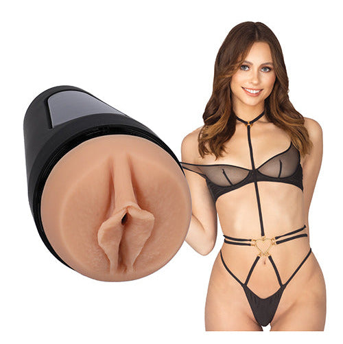 Stella in lingerie next to the Main Squeeze - Stella Barey. The stroker's entrance is molded directly from the porn star's own vulva. | Kinkly Shop