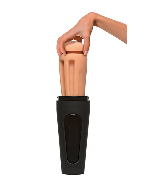 The Main Squeeze - Stella Barey stroker TPE sleeve being removed from its outer, plastic case, showcasing how the stroker can be pulled apart for easier cleaning. | Kinkly Shop