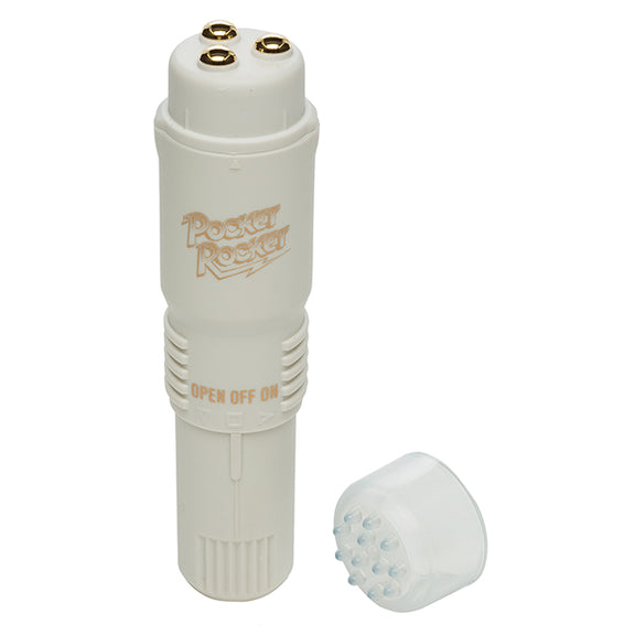 The Doc Johnson Pocket Rocket shown with the textured cap removed from the top of the toy, laying next to the toy. | Kinkly Shop