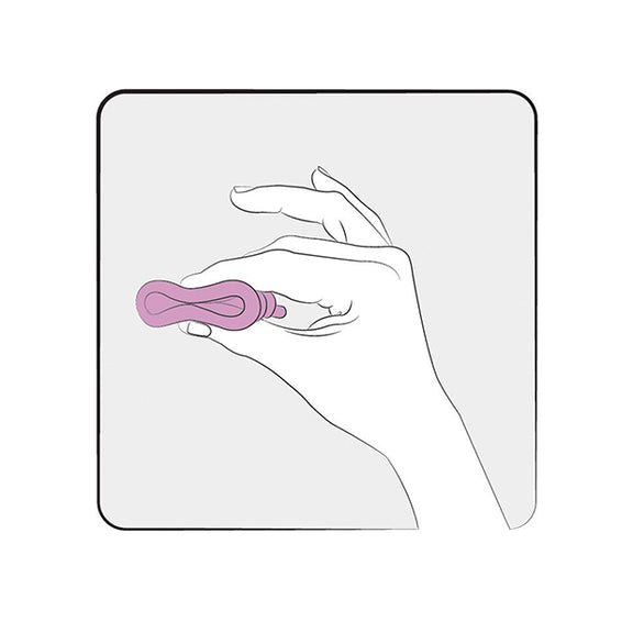 Illustration shows a person squishing down the entrance of the FEMINTIMATE Eve Menstrual Cup, flattening it. | Kinkly Shop