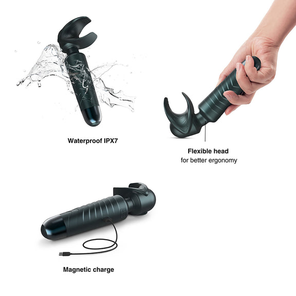 Collage of images showing features of the toy including its IPX7 waterproof, a flexible head for better ergonomics, and a magnetic charging design. | Kinkly Shop
