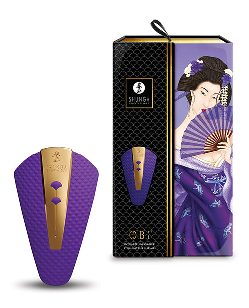The Shunga Obi in purple shown next to the packaging it comes in | Kinkly Shop