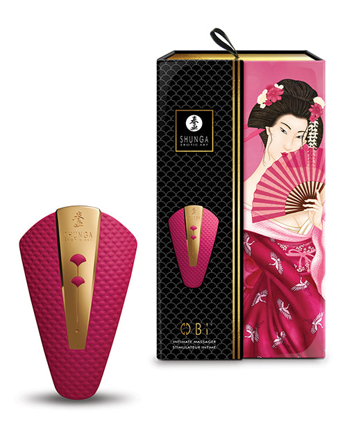The Shunga Obi in raspberry shown next to the packaging it comes in. | Kinkly Shop