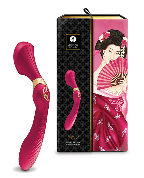 The Shunga Zoa in raspberry shown next to the packaging that it comes in | Kinkly Shop