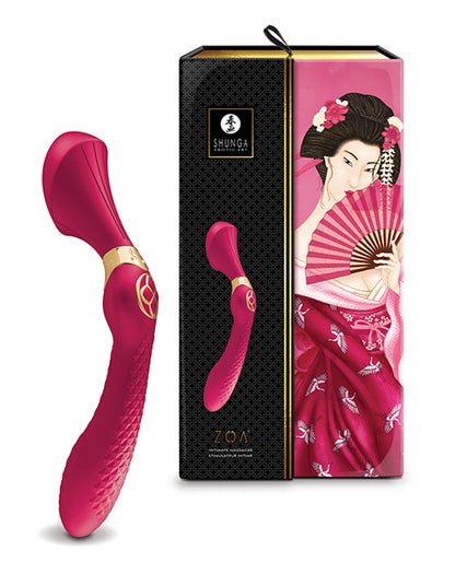 The Shunga Zoa in raspberry shown next to the packaging that it comes in | Kinkly Shop