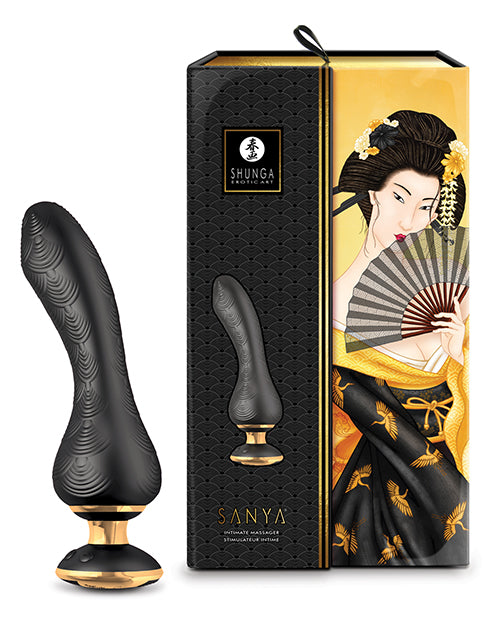The Shunga Sanya in black shown next to the packaging that it comes in | Kinkly Shop