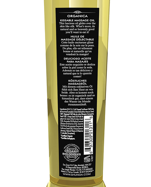 The backside of the packaging of the Shunga Organic Kissable Massage Oil | Kinkly Shop