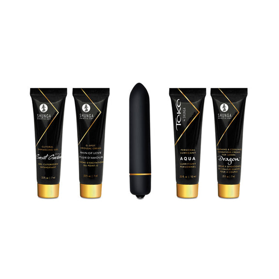 Everything included with the Shunga Naughty Geisha Collection, including four different tubes of creams and the bullet vibrator powered by a battery | Kinkly Shop
