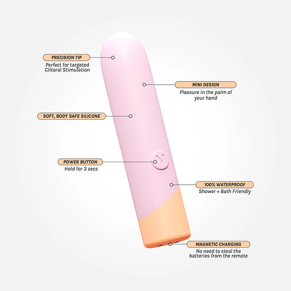 The VUSH Peachy Bullet surrounded by a text list that describes its features. Text includes Precision tip for targeted stimulation, soft, body-safe silicone, single power button, mini design, 100% waterproof, and magnetic charging: no need to steal the batteries from the remote. | Kinkly