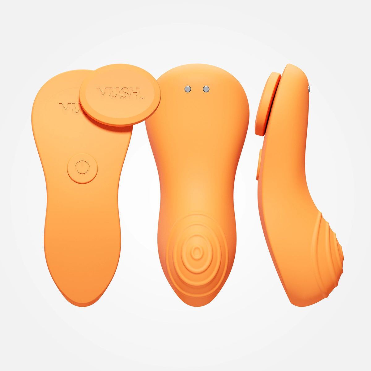 The VUSH Luna shown in front of a plain background. The vibrator uses a magnet to fasten the toy to any pair of undies. It also has a somewhat protruding design to better hit the clitoris with a ribbed, wave-like texture for added stimulation. | Kinkly