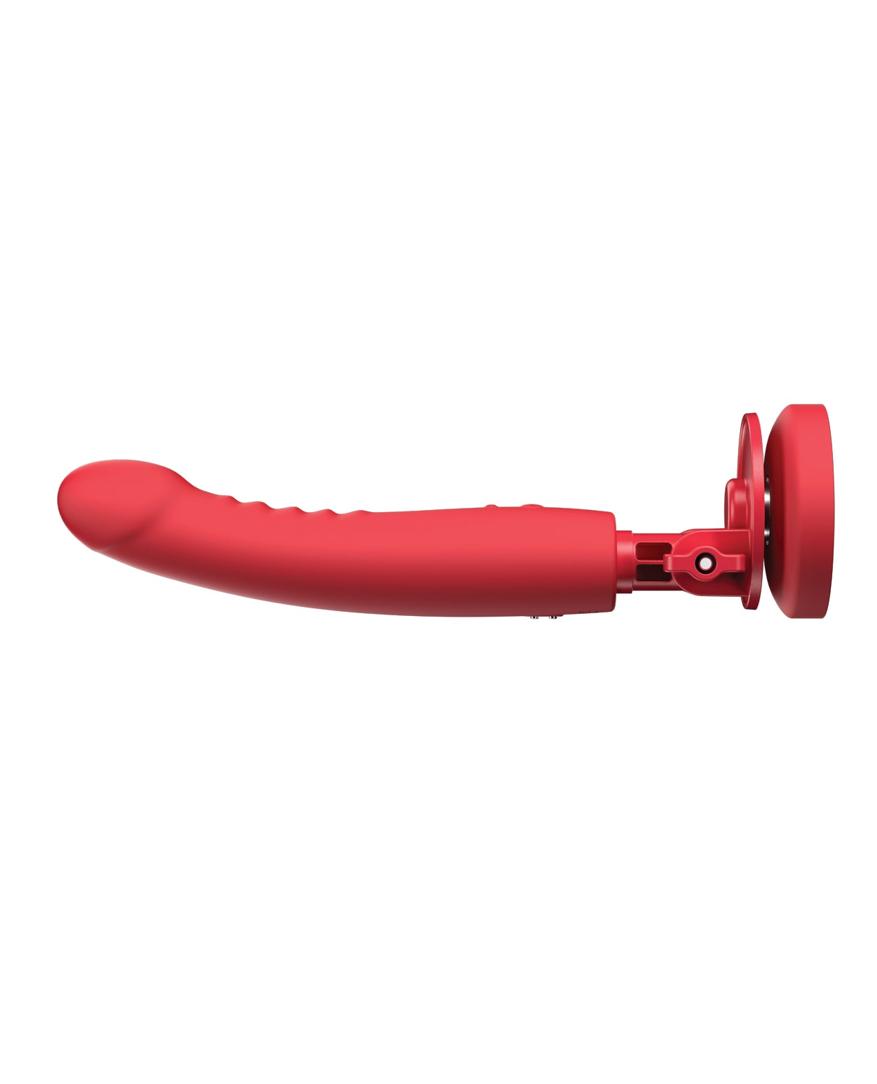 The Lovense Mission 2 from a side view, showcasing the slightly upward tip of the dildo and the ribbed shaft. | Kinkly