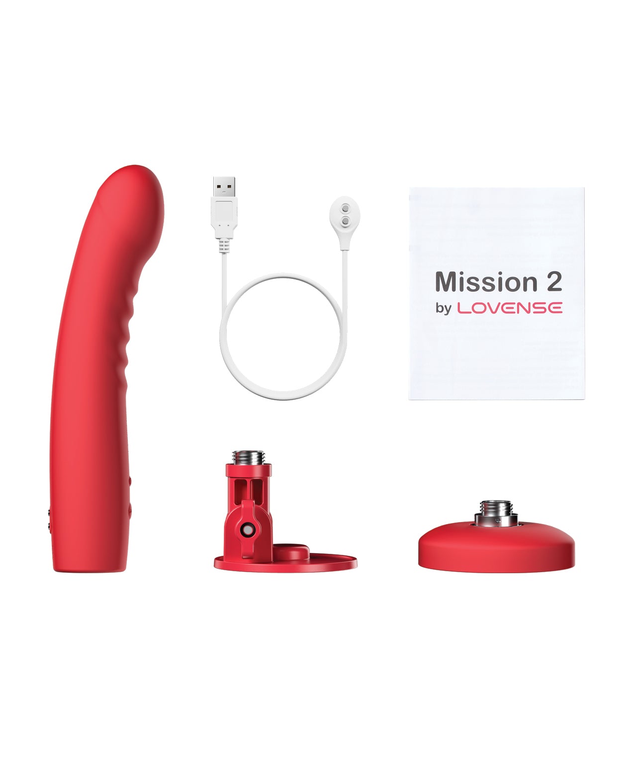 Everything included with the Lovense Mission 2 which includes the vibrating dildo itself, the two pieces that make up the suction cup base, the charging cable, and the instruction booklet. | Kinkly