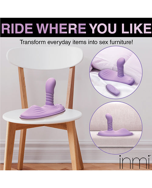 The Inmi Thrust N' Grind show placed on a bed, chair, and ledge. Text on the image reads: Ride where you like. Transform everyday items into sex furniture. | Kinkly Shop