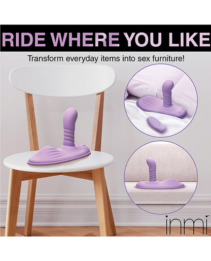The Inmi Thrust N' Grind show placed on a bed, chair, and ledge. Text on the image reads: Ride where you like. Transform everyday items into sex furniture. | Kinkly Shop