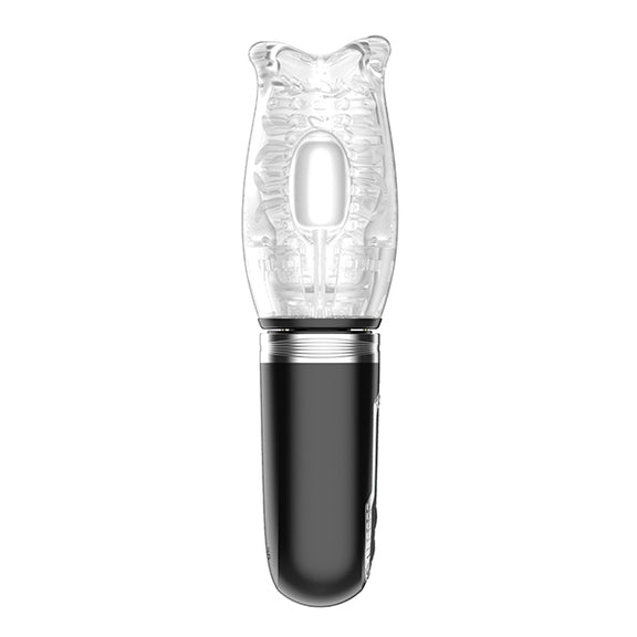 The Thrusting, Vibrating & Rotating Masturbator. The insertable stroker portion is made from a see-through material while the handle is black and opaque. | Kinkly Shop