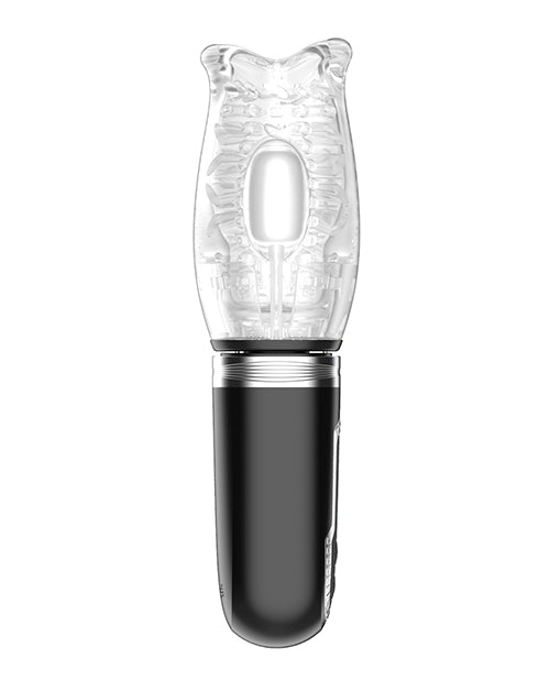 The Thrusting, Vibrating & Rotating Masturbator. The insertable stroker portion is made from a see-through material while the handle is black and opaque. | Kinkly Shop