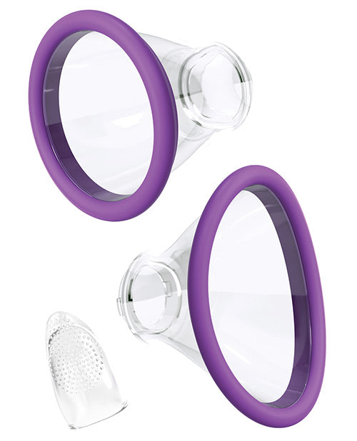 The two differently-shaped pussy pump cups that come with the Fantasy for Her Ultimate Pleasure. One is a circular cup while the other is an oval shape. | Kinkly Shop