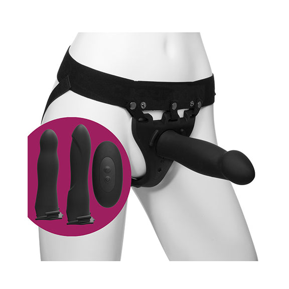 The Be Naughty Vibrating 4 Piece Strap On Set shown worn on a mannequin. A small cut-out showcases other dildos and the wireless remote control that's also included in the kit. | Kinkly Shop