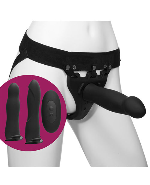 The Be Naughty Vibrating 4 Piece Strap On Set shown worn on a mannequin. A small cut-out showcases other dildos and the wireless remote control that's also included in the kit. | Kinkly Shop