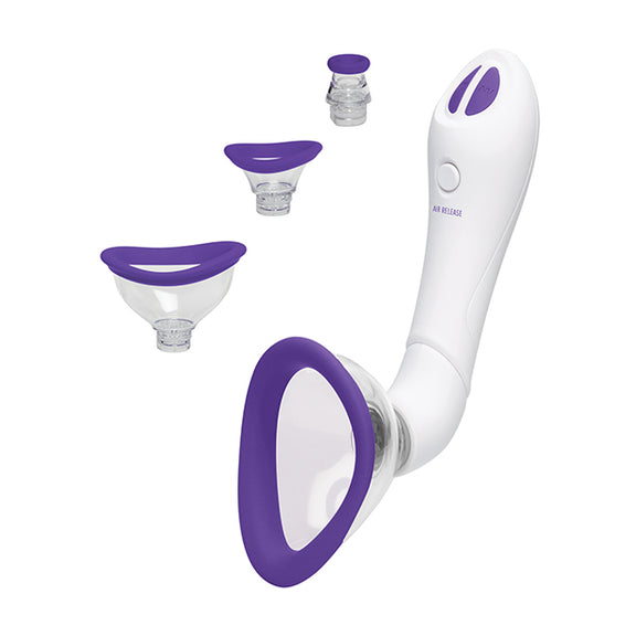 Bloom Automatic Vibrating Rechargeable Pump in Purple. All four attachments are shown next to the handle/base that they fit on. | Kinkly
