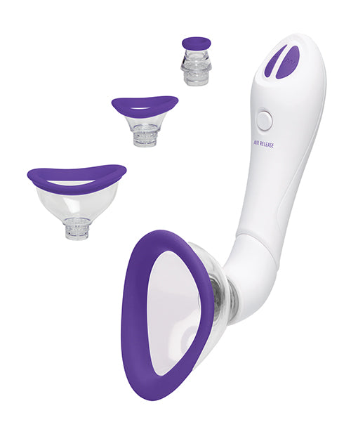 Bloom Automatic Vibrating Rechargeable Pump in Purple. All four attachments are shown next to the handle/base that they fit on. | Kinkly