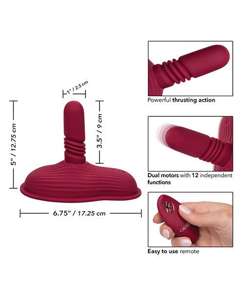 Collage of images showcasing aspects of the Dual Rider Thrust and Grind including the powerful thrusting action, 12 independent pleasure functions, wireless remote, and measurements. | Kinkly