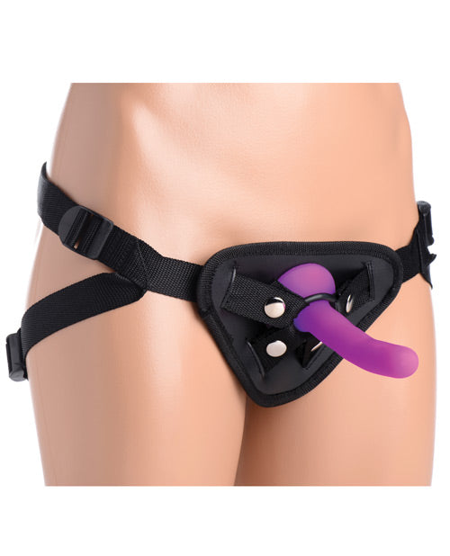A mannequin wears the Double G Vibrating Strap-On Kit with the smallest dildo strapped into the harness | Kinkly