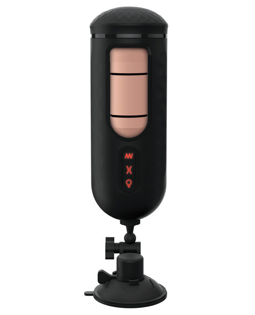 The PDX Elite Vibrating Mega Milker with all of the 3 buttons illuminated on the front. The stroker has 3 buttons on the front of it. | Kinkly Shop