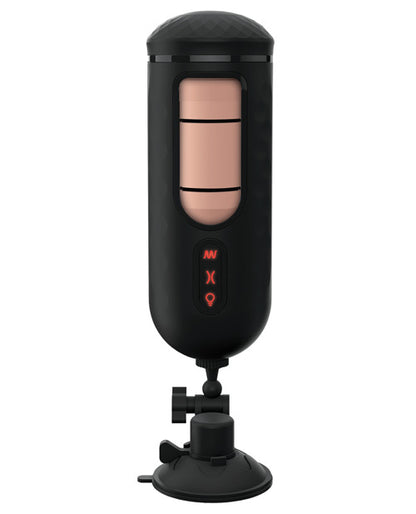 The PDX Elite Vibrating Mega Milker with all of the 3 buttons illuminated on the front. The stroker has 3 buttons on the front of it. | Kinkly Shop