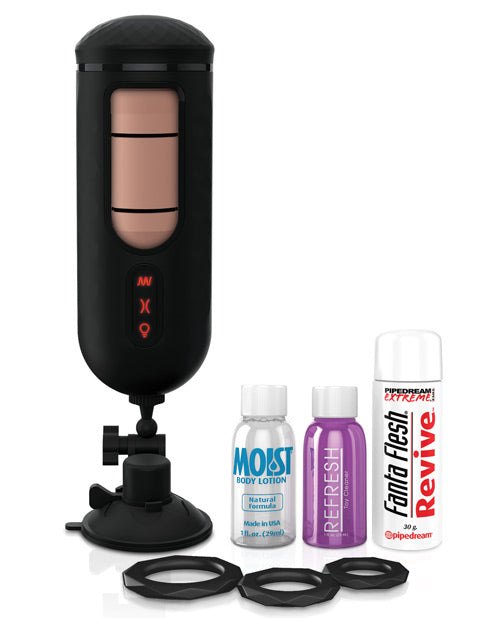 PDX Elite Vibrating Mega Milker shown with everything it comes with. It has a TPE revival powder, toy cleaner, lube, multiple cock rings, the suction cup attachment, and the PDX Elite Vibrating Mega Milker stroker itself. | Kinkly Shop