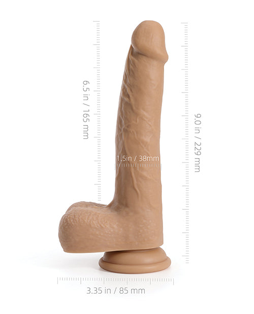 The Idalis Wireless Thruster with measurements superimposed around the length of the dildo. All measurements are included within the product text information. | Kinkly Shop