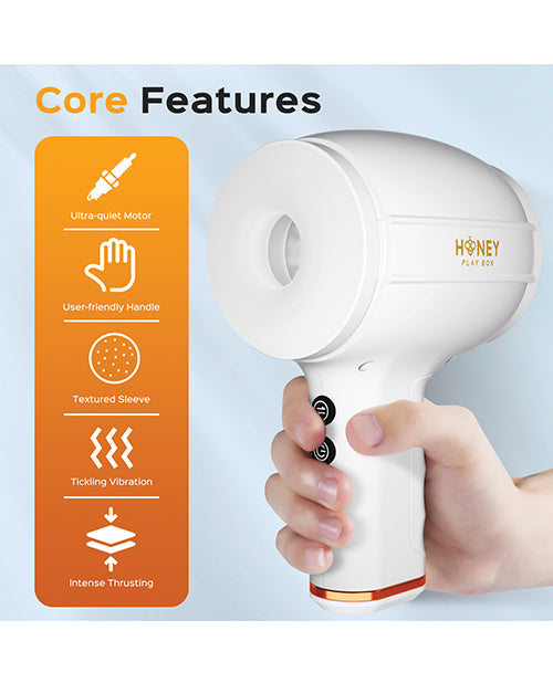 A hand holds the Faye Open-Ended Thruster. The "handle" of the stroker makes for a really easy gripping point of the stroker. | Kinkly Shop