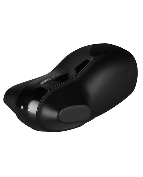 Close-up on the tip of the Satisfyer Men Vibration. The toy has two metallic prongs that function as the charging area in addition to a flared design that makes it easier for one-handed use. | Kinkly