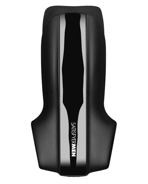 Top-down view of the Satisfyer Men Vibration showcases the metallic plastic band next to the silicone design of the rest of the toy. | Kinkly