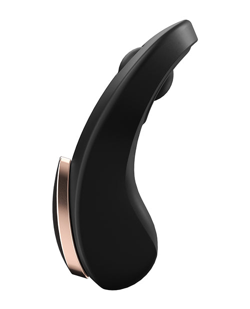 Side view of the Satisfyer Little Secret panty vibrator showcases the very curved design of the toy, crafted to maintain constant contact throughout the entire vulva | Kinkly