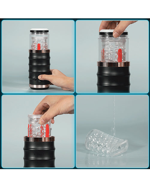 Four-collage image showcasing how to remove the innermost stroker sleeve from the Honey Play Box Automatic Warrior for easier cleaning. | Kinkly Shop
