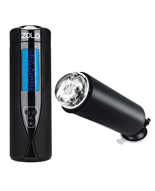 The ZOLO Tornado shown from the front and then shown from the side with the suction cup base providing hands-free usage of the stroker. | Kinkly Shop