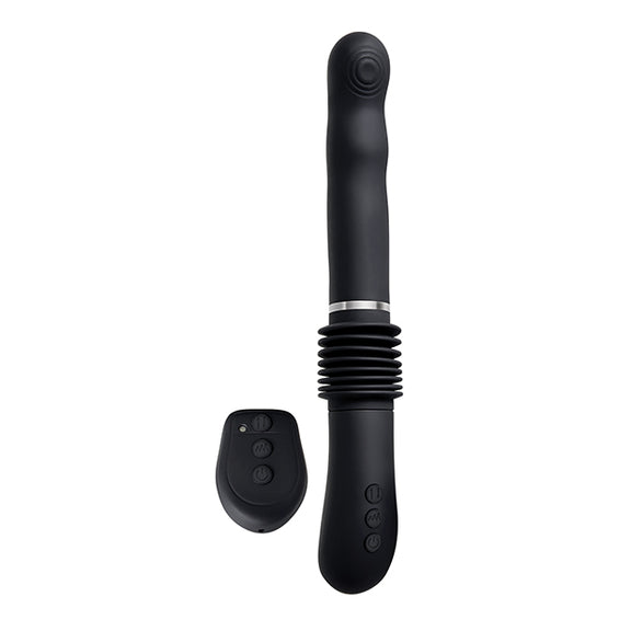 The Evolved G Force Thruster shown next to its remote control. The remote control is wireless and features the same three buttons that are on the base handle of the thrusting dildo itself. | Kinkly Shop