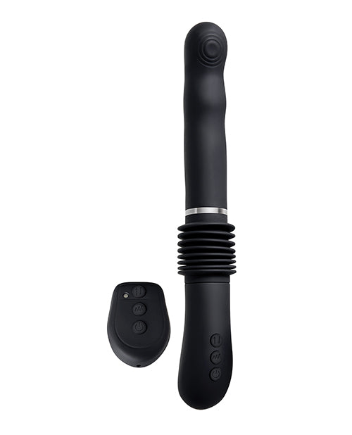 The Evolved G Force Thruster shown next to its remote control. The remote control is wireless and features the same three buttons that are on the base handle of the thrusting dildo itself. | Kinkly Shop