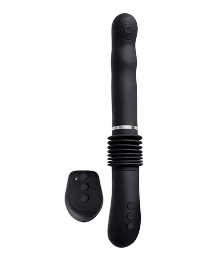 The Evolved G Force Thruster shown next to its remote control. The remote control is wireless and features the same three buttons that are on the base handle of the thrusting dildo itself. | Kinkly Shop