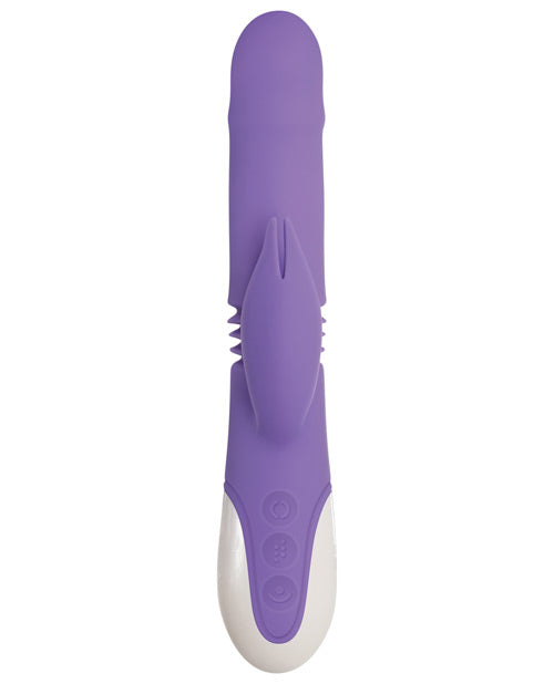 Close-up on the bunny ear'ed design of the Evolved Thick & Thrust | Kinkly Shop. The toy has 3 buttons on the base handle to control the functions. | Kinkly Shop